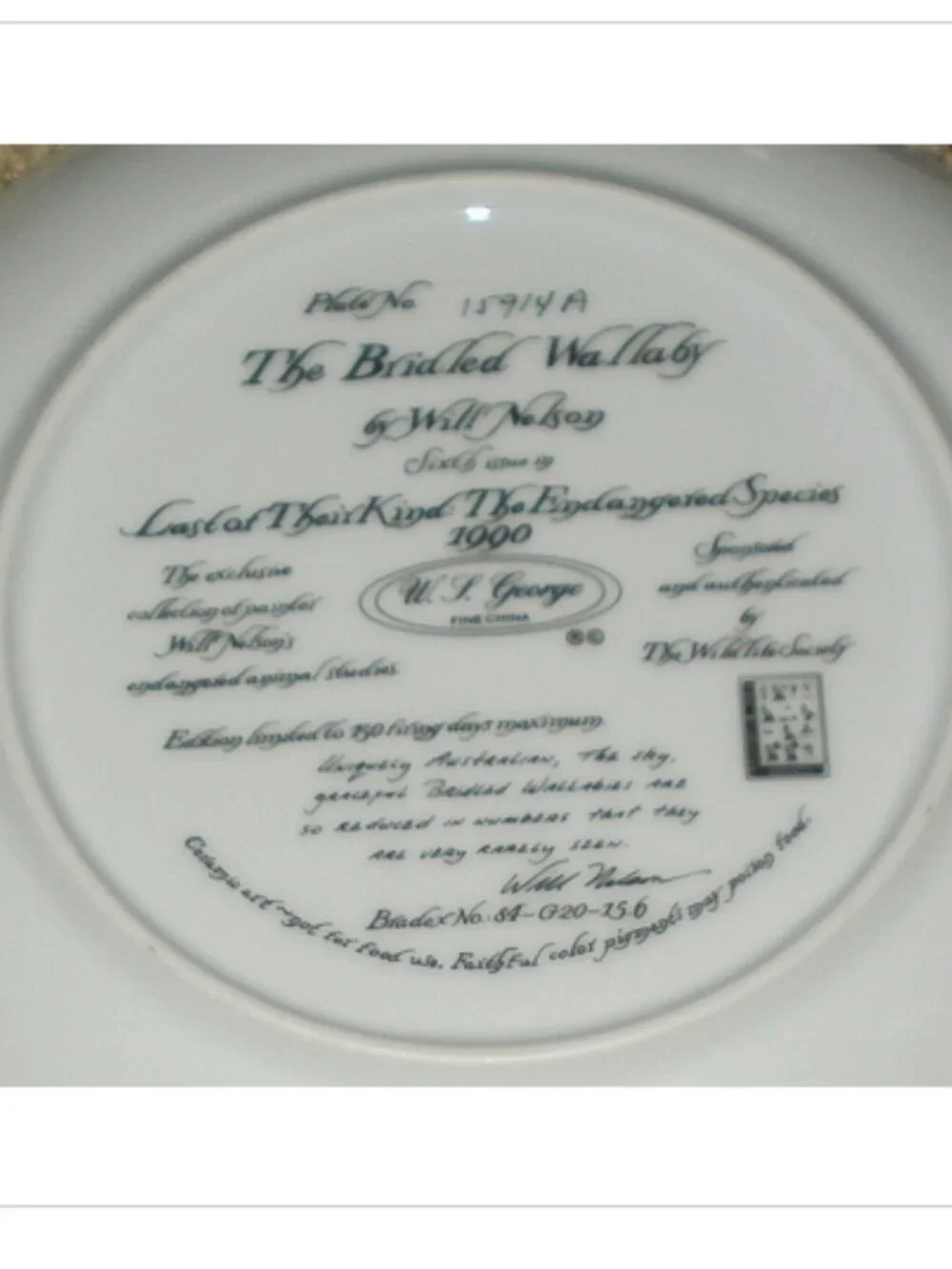 Bradford Exchange The Bridled Wallaby Plate COA W.S. George 1990 Endangered Spec